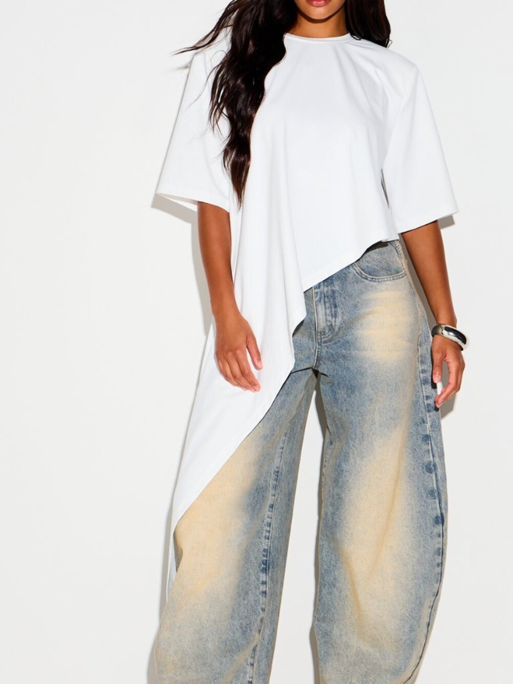 White Casual Women's Oversized Asymmetric Shoulder Pad High-Low Hem T-Shirt - Picture 3 of 5